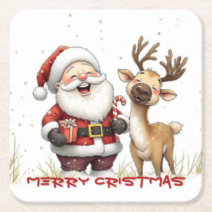 Posavasos Cuadrado De Papel Santa y Reno en Estilo de Dibujos Animados Festivo