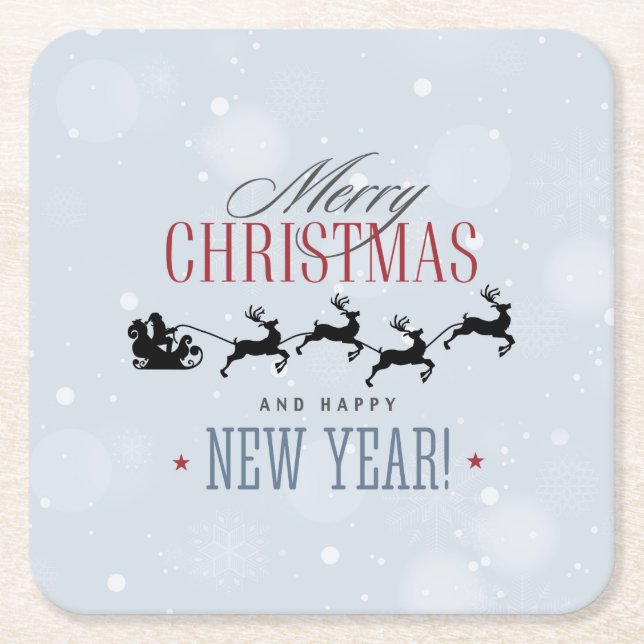 Posavasos Cuadrado De Papel Santa y sus Navidades de Silhouette de renos volad (Anverso)