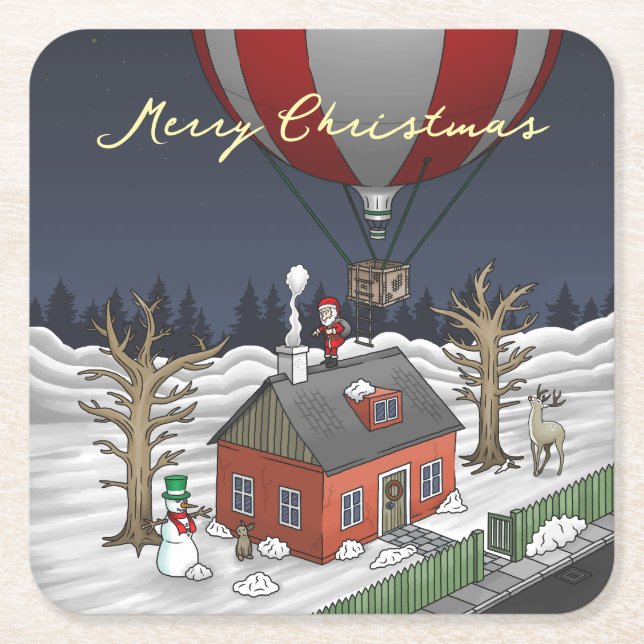 Posavasos Cuadrado De Papel Santa's Hot Air Balloon (Anverso)