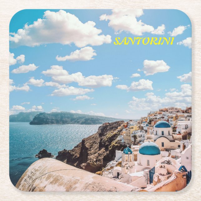 Posavasos Cuadrado De Papel Santorini, Grecia Beach House (Anverso)