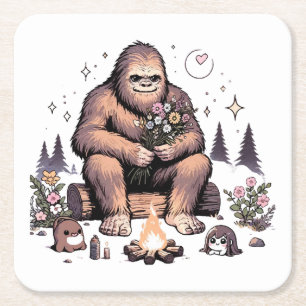 Posavasos Cuadrado De Papel Sasquatch sosteniendo flores