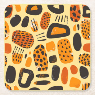 Posavasos Cuadrado De Papel "Savanna Pop: Vibes tribales en Naranja y negro"