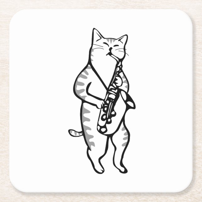 Posavasos Cuadrado De Papel Saxofón Instrumental Música Jazz Gato Almohadilla  (Anverso)