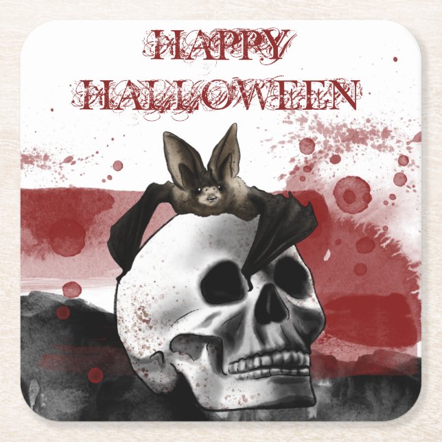 Posavasos Cuadrado De Papel Scary Blooll Skull Feliz Fiesta de Halloween (Anverso)