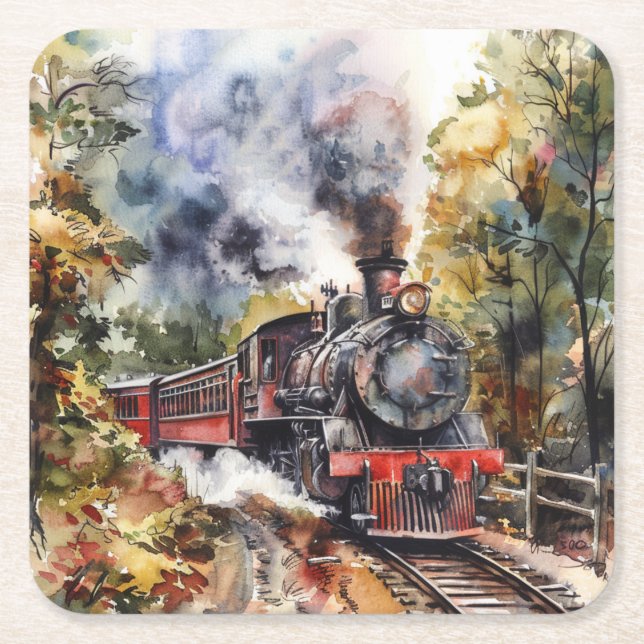 Posavasos Cuadrado De Papel Scenic Landscape with Train (Anverso)
