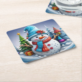 Posavasos Cuadrado De Papel Schneemann in Winterlandschaft -
