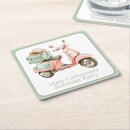 Posavasos Cuadrado De Papel Scooter Costero Rosa y Aqua Adorable