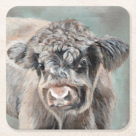 Posavasos Cuadrado De Papel Scottish Highland Calf on Green