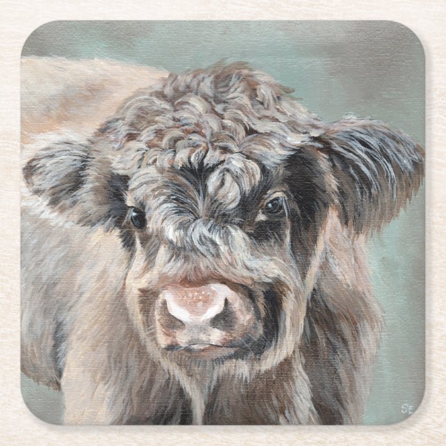 Posavasos Cuadrado De Papel Scottish Highland Calf on Green (Anverso)