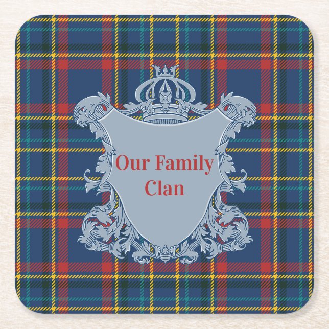Posavasos Cuadrado De Papel Scottish Tartan Plaid, Name and Crest (Anverso)