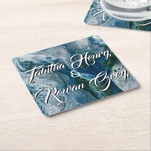 Posavasos Cuadrado De Papel Sea Blues Alcohol Ink Pintura Elegante Boda