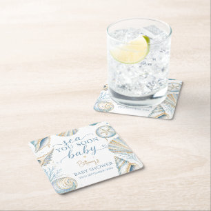 Posavasos Cuadrado De Papel Sea You Soon Blue Seashells Baby Shower