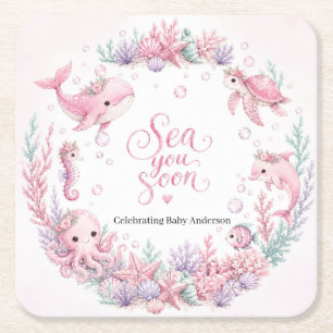 Posavasos Cuadrado De Papel Sea You Soon Rosa Bajo el Mar Shower de Bebé Perso