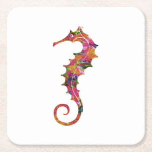 Posavasos Cuadrado De Papel Seahorse colorido de la acuarela