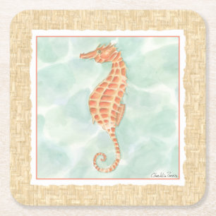 Posavasos Cuadrado De Papel Seahorse del naranja del océano