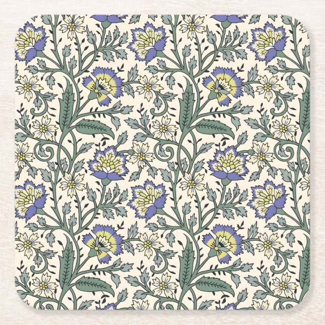 Posavasos Cuadrado De Papel Seamless blue, yellow, and white floral pattern  (Anverso)