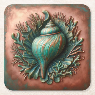 Posavasos Cuadrado De Papel Seashell Copper y Patina Beach House