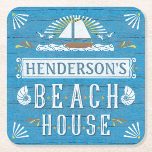 Posavasos Cuadrado De Papel Seashells náuticos del velero de la casa de playa
