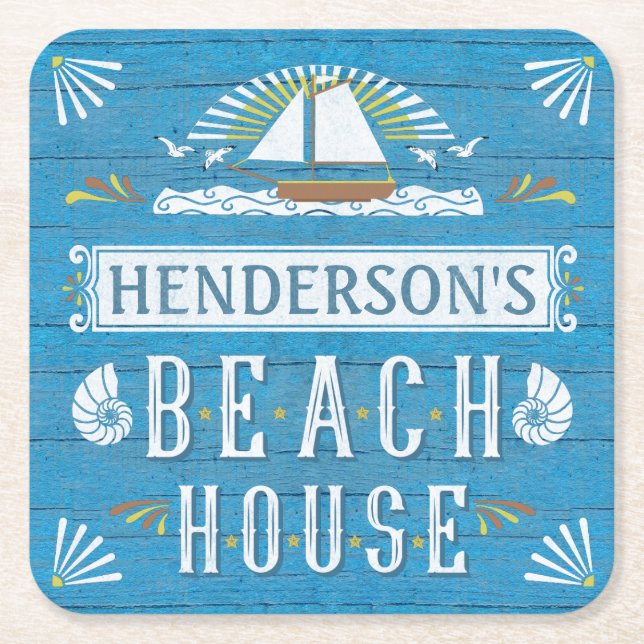 Posavasos Cuadrado De Papel Seashells náuticos del velero de la casa de playa (Anverso)