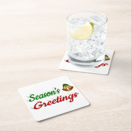 Posavasos Cuadrado De Papel Seasons Greetings Bells Navidades guion rojo verde