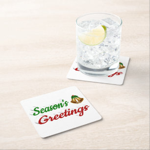Posavasos Cuadrado De Papel Seasons Greetings Bells Navidades guion rojo verde