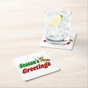 Posavasos Cuadrado De Papel Seasons Greetings Tipografía de Navidades de renos