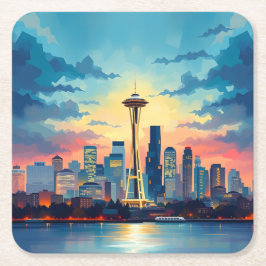 Posavasos Cuadrado De Papel Seattle Digital Painting Skyline Coaster Set