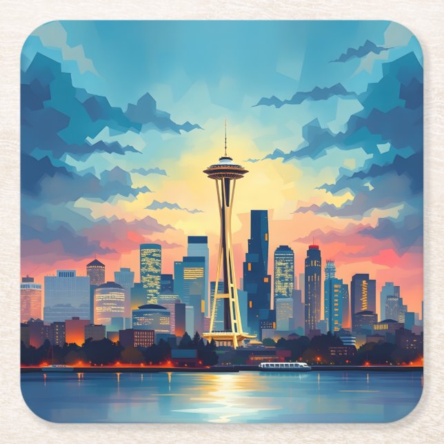 Posavasos Cuadrado De Papel Seattle Digital Painting Skyline Coaster Set (Anverso)