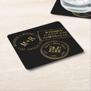 Posavasos Cuadrado De Papel Sello de pasaporte oro negro personalizado