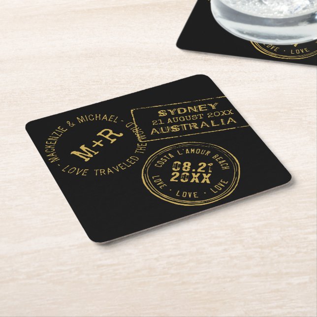 Posavasos Cuadrado De Papel Sello de pasaporte oro negro personalizado  (En perspectiva)