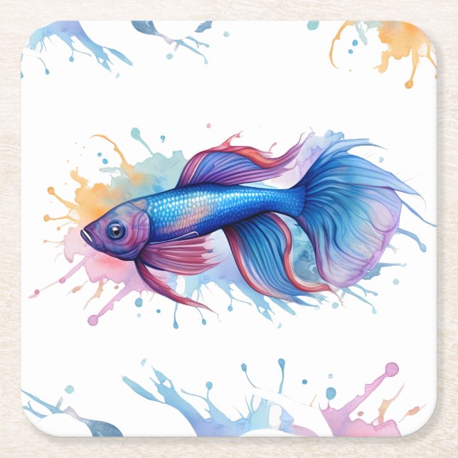 Posavasos Cuadrado De Papel Semilla de montaña - Serie acuarela: Betta Fish (Anverso)