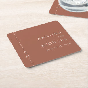 Posavasos Cuadrado De Papel Sencillo Terracota Elegante Boda clásico Monograma