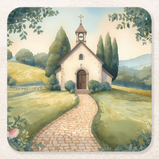 Posavasos Cuadrado De Papel Sendero de la Capilla Cottagecore Paisaje Pastel