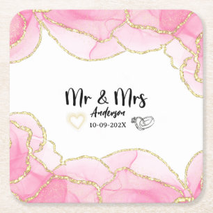 Posavasos Cuadrado De Papel Señor y Señora Rosa y Dorado Modernos