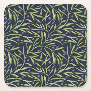Posavasos Cuadrado De Papel Serenas Hojas Verdes con Flores Rosadas