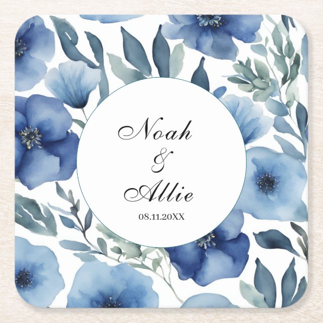 Posavasos Cuadrado De Papel Serene Blue Floral Boda (Anverso)