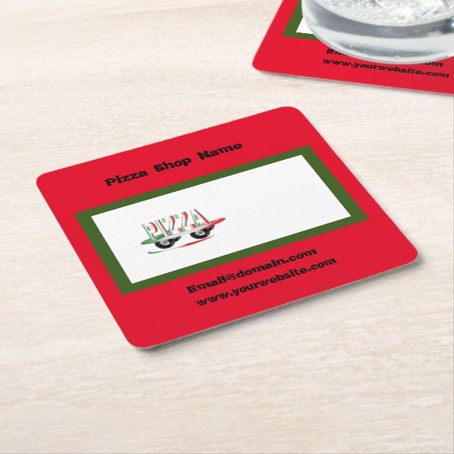 Posavasos Cuadrado De Papel Servicio de pizza, verde rojo, auto de negocios pe (En perspectiva)