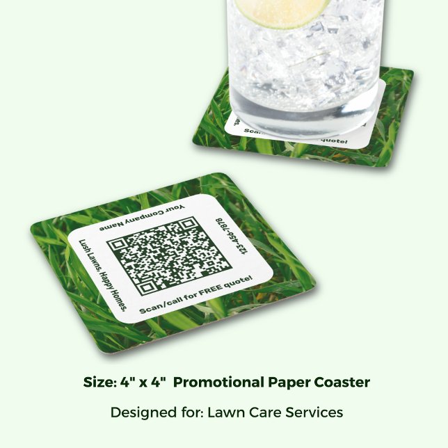 Posavasos Cuadrado De Papel Servicio Promocional de Atención Médica en el Jard (Promotional Lawn Care Service Green Square Paper Coaster; Size: 4 x 4 Inch)