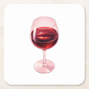 Posavasos Cuadrado De Papel Servilletas de cóctel con copa de vino y labios ro