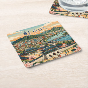 Posavasos Cuadrado De Papel Seúl Corea del Sur Viaje Arte Vintage