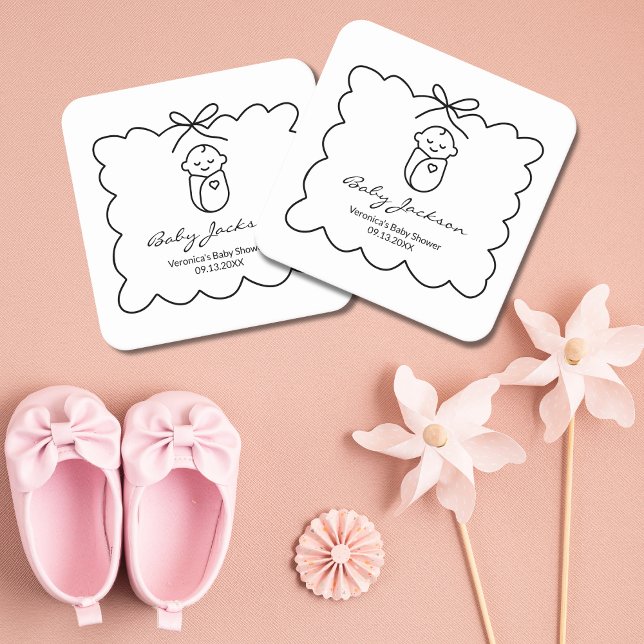 Posavasos Cuadrado De Papel Sexo Neutral Bebé y Bow Baby Shower moderno (Subido por el creador)