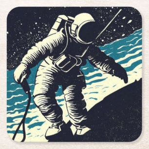 Posavasos Cuadrado De Papel SF - Astronauta en Spacewalk Woodcut 2