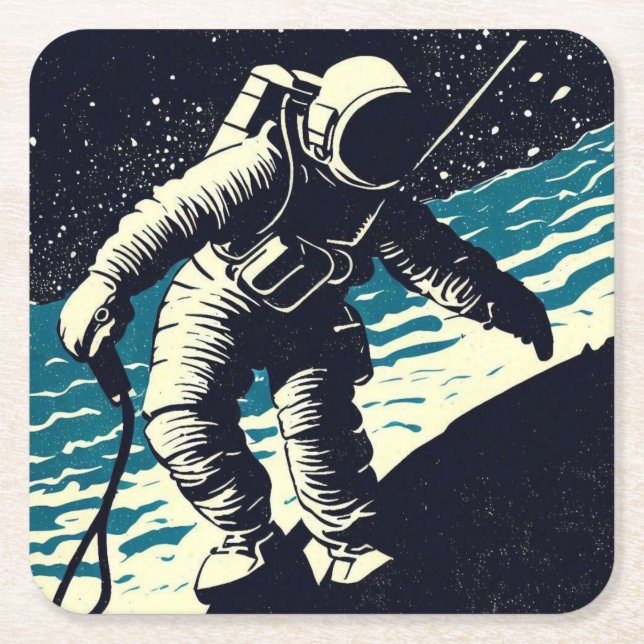 Posavasos Cuadrado De Papel SF - Astronauta en Spacewalk Woodcut 2 (Anverso)