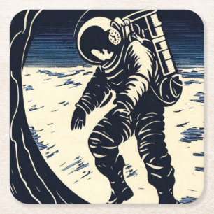 Posavasos Cuadrado De Papel SF - Astronauta en Spacewalk Woodcut 3