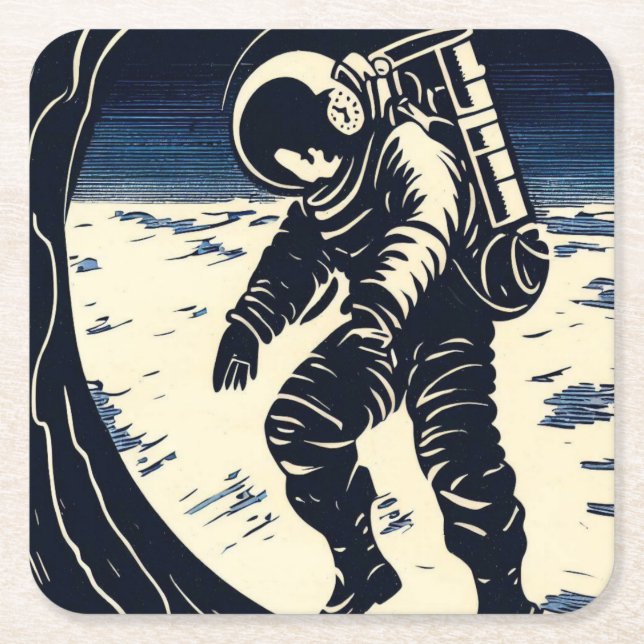 Posavasos Cuadrado De Papel SF - Astronauta en Spacewalk Woodcut 3 (Anverso)