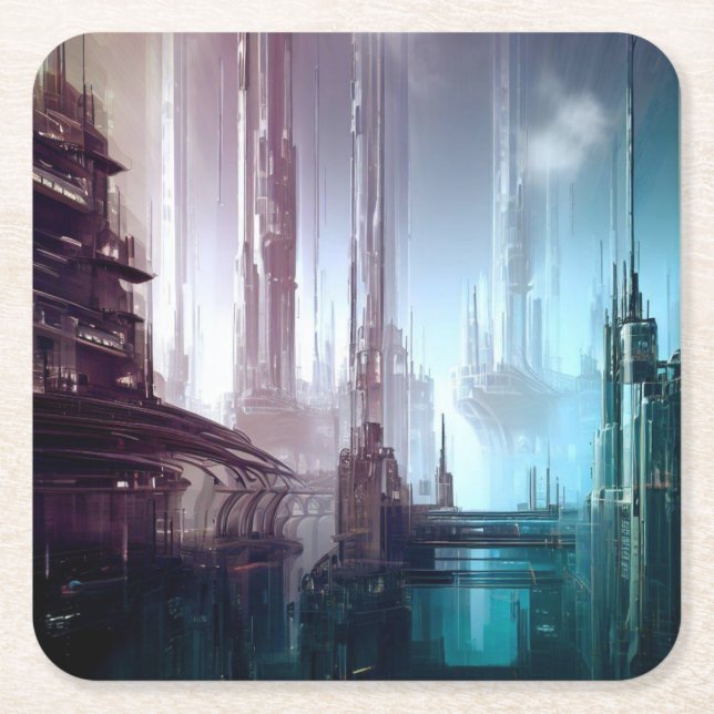 Posavasos Cuadrado De Papel SF Ciudad futurista 2 (Anverso)