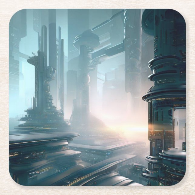 Posavasos Cuadrado De Papel SF Ciudad futurista 4 (Anverso)