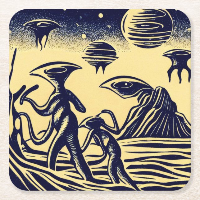 Posavasos Cuadrado De Papel SF - Extranjeros En Un Extraño Planeta Woodcut 1 (Anverso)