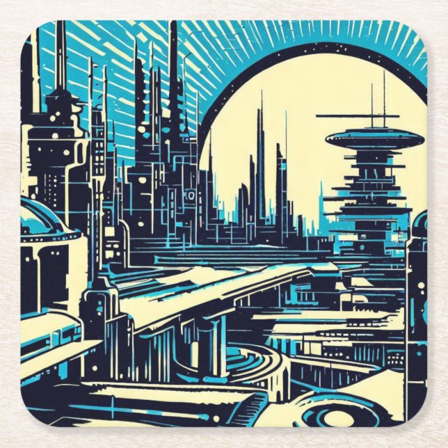 Posavasos Cuadrado De Papel SF Futurista City Woodcut 3 (Anverso)