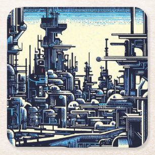 Posavasos Cuadrado De Papel SF Futurista City Woodcut 4